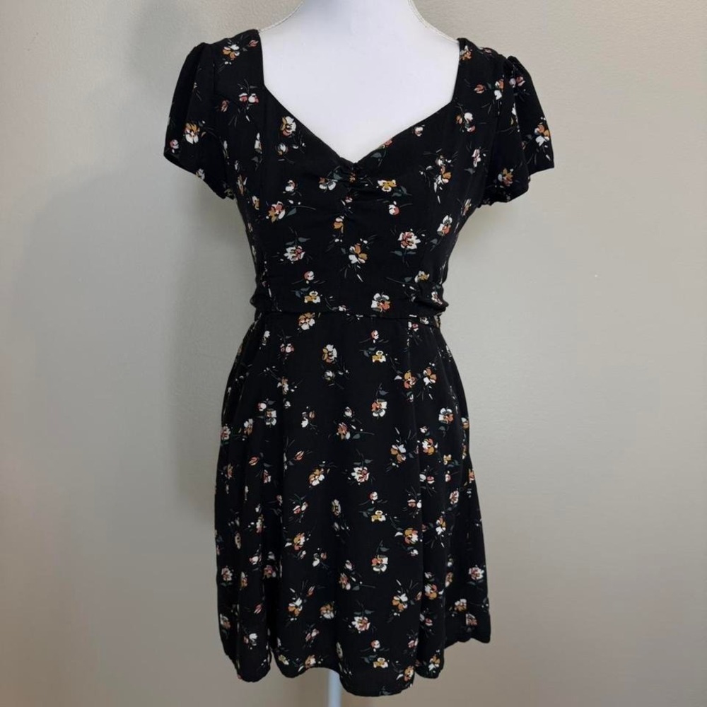 Abercrombie & Fitch Black Floral Mini Dress Tie Waist Sz S Wedding Cottagecore